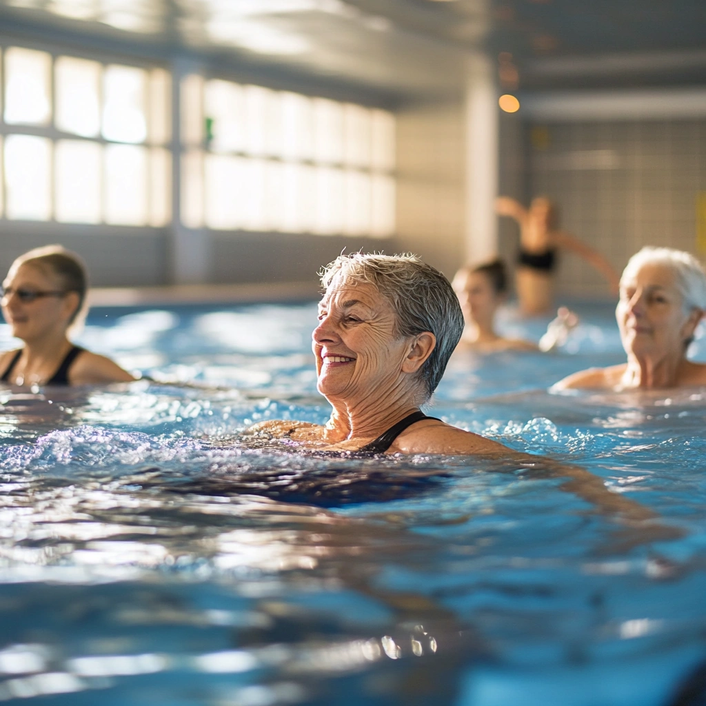 Група пенсіонерів займається аквааеробікою в басейні