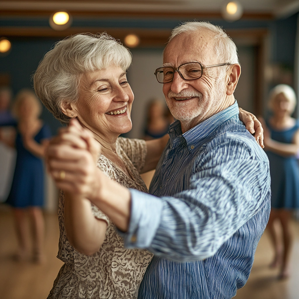 Пара пенсіонерів танцює на заняттях з танцювальної терапії