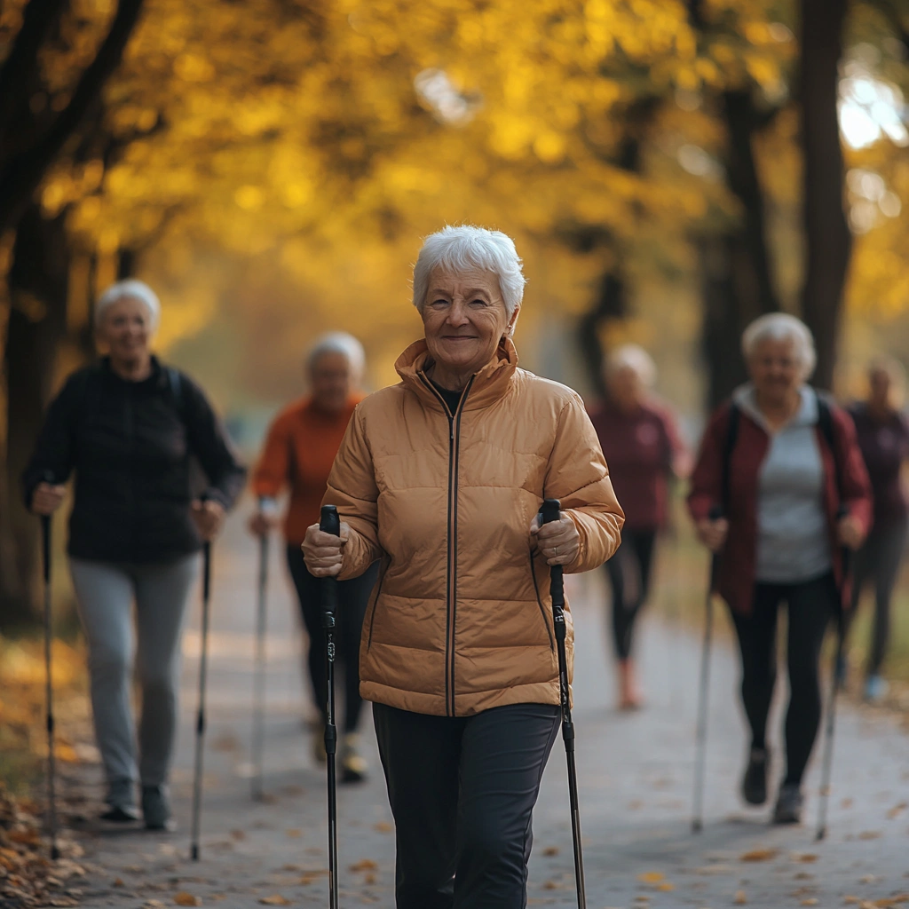 Пенсіонери практикують скандинавську ходьбу в парку