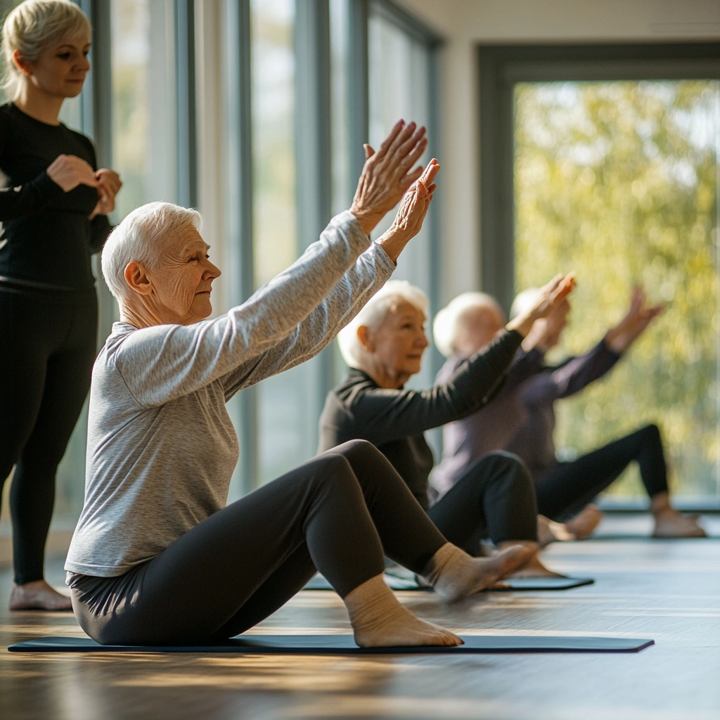 Група пенсіонерів виконує вправи для розтяжки