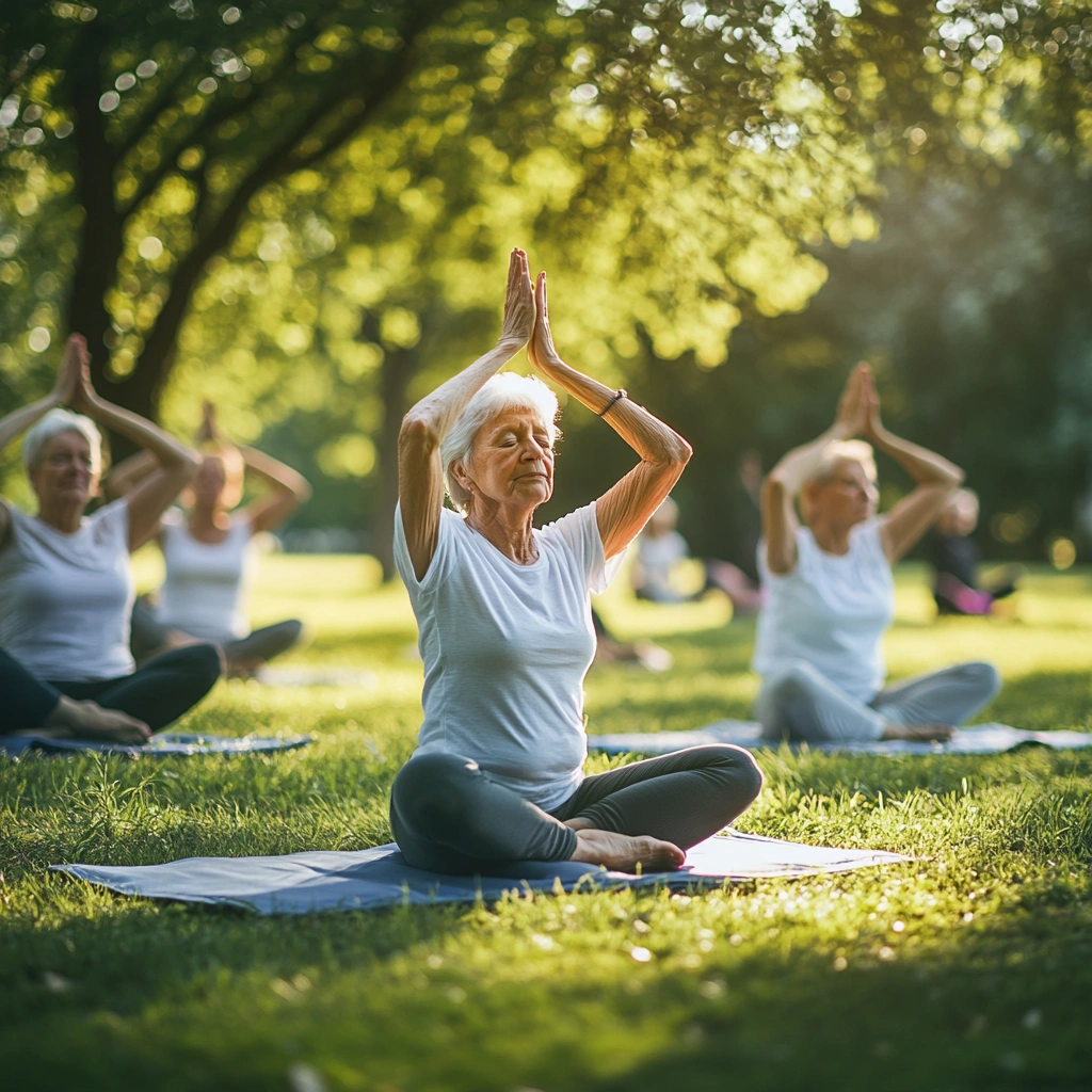 Пенсіонери виконують вправи йоги в парку